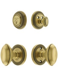 Grandeur Newport Entry Door Set, Keyed Alike with Oval Brass Knobs in Antique Brass.